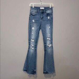 Vervet Denim Distressed Flare Jeans with Raw Hem